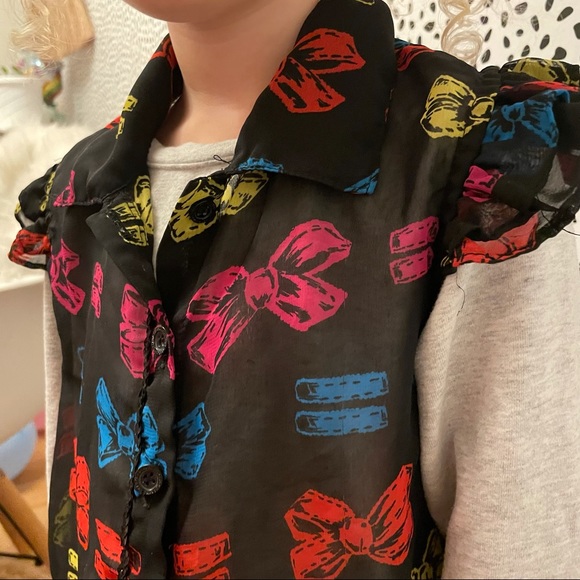 Harajuku Mini Black Primary Color Bow Equality Button Up Collar Sheer Top 4/5 - Picture 9 of 11